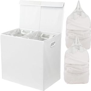 SimpleHouseware Double Laundry Hamper with Lid and Removable Laundry Bags, White