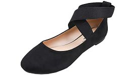 Feversole Women's Fashion Elastic Ankle Strap Shoes Round Toe Ballet Flat Black Faux Suede Size 9 M US