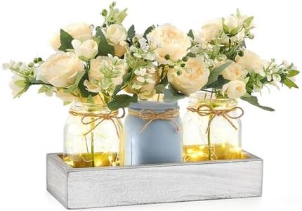 Mkono Mason Jar Lights Centerpiece Table Decor for Dining Room Farmhouse Wood Tray with 3 Jars Flowers Center Pieces Spring Decor for Coffee Table Kitchen Living Room, Grey Blue