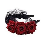 Flower Crown Headband Rose Headdress for Girls Ladies Women Floral Headwear Festival Maid Gothic Headband Black Lace Hair Hoop for Halloween Costume Accessory,Cosplay,Festival Vintage Fancy Decor