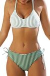 CUPSHE Women's Bikini Set Back Braided Straps Lace Up Bikini Reversible Bottom Two Piece Swimwear Bathing Suits Green Stripe M