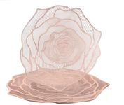 CURATED CART Pressed Vinyl Round Placemats, Pretty Rose Shape Design, Washable Dining Table Decoration Mats for Birthday Holiday Party Wedding Kitchen Decor (Rose Design - Rose Gold Colour, Pack of 4)