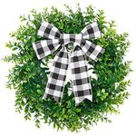 CEWOR 15in Artificial Boxwood Wreath Fall Wreath Faux Green Leaves Greenery Wreath for Front Door Wall Window Porch Farmhouse Patio Garden Christmas Decor