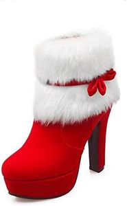 PURCHAWEE Women's Winter Fur Ankle Boots Christmas Boots,Bow Decor Side Zipper Fur Closure Chunky High Heel Santa Boots Snow Boots, Red, 9.5