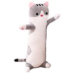 Jensquaify Cat Plush Hugging Pillow, Cat Stuffed Animals Long Pillow Soft Kitten Plush Body Pillow Toy Gifts for Kids (Gray, 27.55 inch)