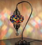 DEMMEX Authentic Turkish Lamp, Made in Turkey, Turkish Moroccan Mosaic Table Bedside Lamp, 100% Handcrafted, Antique Brass Color Metal Body and Decorated Metal Base, 15" (Multicolored-2)