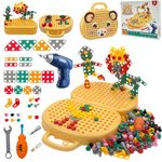 PICKONA 204 PCS 3D Take Apart Toys - Montessori Play Toolbox, Montessori Toys for Kids, Tool Box Bear with Drill, Mosaic Design Construction Building Blocks DIY Set with Storage Box (Yellow Dog)