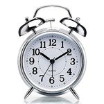 SKYLACE Vintage Brass Twin Bell Table Top Alarm Clock with LED Night Light Display - Ideal for Bedroom, Heavy Sleepers, Adults, Kids and Students (Silver)