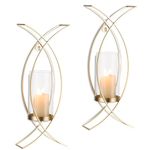 Walasis Sconces Wall Decor Set of 2 Hurricane Candle Holder - Modern Decorative Candle Wall Sconce Golden Metal Wall Mount Gold Decorations for Living Room Bedroom Bathroom Hallway Outdoor