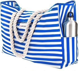 Beach Bag XL. 100% Waterproof. L17"xH15"xW6" (43x38x15cm) w Rope Handles, Top Magnet Clasp, Outside Pockets. Blue Stripes Shoulder Beach Tote Includes Phone Case, Built-In Key Holder, Bottle Opener