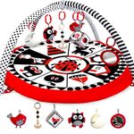 QUOKKA Padded Baby Mat for Floor Tummy Time - High Contrast Baby Kick and Play Mat - 6 Toys | Thick Pad | Machine Washable | Black White Red Colors for Vision Development