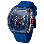 Watches for Men Luxury Skeleton Tonneau Watch for Men Waterproof Adjustable Silicone Strap Steampunk Style Chronograph Calendar Date Business Luminous Cool Large Square Face Wristwatch, E-Blue, Blue