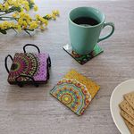 Picrazee Wooden Coaster Set of 6 with Wrought Iron Coaster Stand; Designer Coaster Set for Tea Cups, Coffee Mugs and Glasses (Sun Mandala)