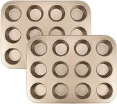 Tebery 2 Pack Cupcake Baking Muffin Tray, Pudding Baking Pan, Non Stick, 12 Holes, Gold