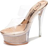 Women's Clear Platform Stiletto Heels | Slip-On Rhinestone Transparent Straps, Round Toe (Ferrara) - Rose Gold Size 6