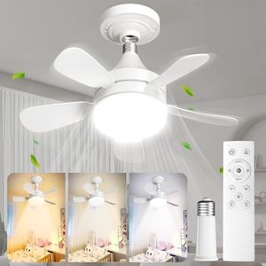 OIZEGO Socket Ceiling Fans with Lights Fan Light with Dimmable Led Light Bulb, 3 Colors 3000K-6500K, 2000 Lumens, Screw in Small Ceiling Fan for Bedroom Living Room Kitchen Garage Indoor