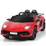 COSTWAY 12V Kids Electric Ride on Car with Remote Control, LED Lights, Horn, Music, Spring Suspension, Licensed Lamborghini Battery Powered Toy Vehicle for Boys and Girls (Red)