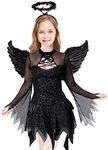 Koatobbor Girls Fallen Angle Costume Black Fancy Party Dress with Headband and Wings (Black, 10-12 Years)