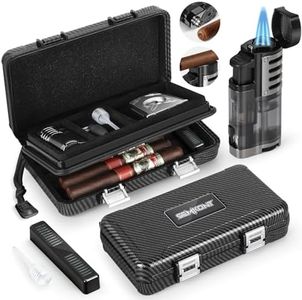 SEMKONT Cigar Humidor, Portable Travel Cigar Box, Double Cigar Humidor with Separate Storage for Cigar Accessories, Cigar Travel Case with Cigar Lighter(No Butane), Holds 5 Cigars (Carbon Fiber)