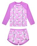 TUONROAD Girls 2PCS Swimsuit Kids Unicorn Long Sleeve Swimwear UPF 50+ Protection Beachwear Bathing Suit 7-8 Years Purple