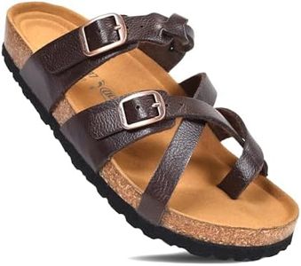 AEROTHOTIC Womens Strappy Slip-On Modern Memory Foam Cushion Footbed Outdoor Adjustable Buckle Cork Footbed Slides for Sandals with Comfortable Arch Support (Irenic Brown, Size 8)