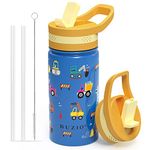 BUZIO Kids Insulated Water Bottle with Straw Lid, Stainless Steel Metal Thermo Bottles for Toddlers Girls Boys Reusable Leak Proof BPA-Free Flask for School, Blue Construction Car