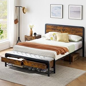 Alkmaar Full Size Platform Bed Frame with Upholstered Ottoman 2 Storage Drawers and Headboard, Safe Rounded Corners & Strong Metal Slats Support, Mattress Foundation, No Box Spring Needed, Brown