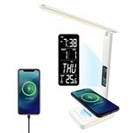 Desk Lamp, Banrterd LED Desk Lamp with Wireless Charger, USB Charing Port, Desk Lamps for Home Office, Dimmable Eye-Protecting Desk Light with Night Light, Digital Alarm Clock, Temperature, White