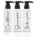 TwoP Brands 16oz Shampoo and Conditioner Dispenser - Printed Soap Set with Pump Body Wash, Shampoo, Bottle for Shower Wall of 3 Refillable Bottles, White, Medium-Large