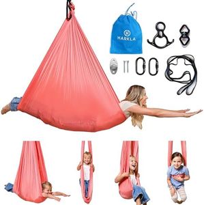 Harkla Sensory Swing for Kids & Adults - Holds 300lbs, Indoor Outdoor Sensory Swing for Hug Like Calming Effect - Durable Soft Stretch Fabric and Heavy Duty Hardware (Pink, 110" Swing + 5" Swivel)