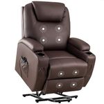 Furniwell Power Lift Recliner Chair with Massage and Heat for Elderly, Leather Adjustable Reclining Sofa for Living Room with Remote Control, Cup Holders (Brown)