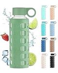 purifyou Premium 40/32 / 22/12 oz Glass Water Bottles with Volume & Times to Drink, Silicone Sleeve & Stainless Steel Lid Insert, Reusable Bottle for Fridge Water, Milk, Juice (12oz Shale Green)