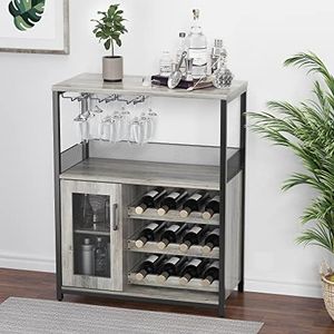 GarveeHome Wine Cabinet with Large Storage Space and Detachable Rack, Industrial Sideboard and Buffet Cabinet with Glass Holder and Mesh Door, Grey