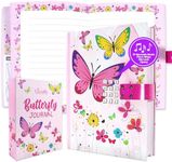 Decorably Journal for Kids - Glittery A5 Butterfly Girls Diary Ages 9-12 with Lock Code and Music, Journals for Kids Ages 8-12, Butterfly Journal for Girls 6-8, Butterfly Journals for Kids