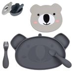 TUM TUM Baby Dinner Set for Weaning - Designed with Feeding Specialist - Includes Silicone Divided Suction Plate, Lidded Bowl and Baby Cutlery - for 6m+ - Dishwasher Safe, BPA Free - Kev Koala - Grey