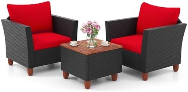 ORALNER 3 Pieces Patio Furniture Set, Outdoor Wicker Conversation Chairs with Soft Cushion and Acacia Lift-Top Coffee Table, Rattan Bistro Set for Balcony Garden Backyard Front Porch Poolside (Red)