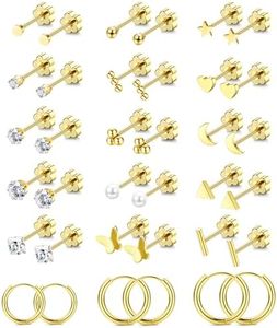 Jstyle Small Hypoallergenic Flat Back Stud Earrings for Women Men, 14K Gold Surgical Stainless Steel Earrings for Sensitive Ears Tiny Screw Back Cartilage Earring Sets for Multiple Piercing, Stainless