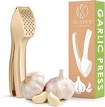 Oliver's Kitchen ® Premium Garlic Press - Super Easy to Use & Clean Garlic Crusher & Mincer - Crush Garlic & Ginger Effortlessly (No Need to Peel) - Built for Life - Strong & Durable (Matt Gold)