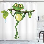 Ambesonne Animal Shower Curtain, Little Frog on Branch of The Tree in Rainforest Nature Jungle Life Art Earth, Cloth Fabric Bathroom Decor Set with Hooks, 69" W x 84" L, Green White Yellow