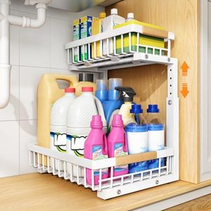 PXRACK Under Sink Organizer,1 Pack,2 Tier Metal Slide out Sink Shelf Pull out Cabinet Organizer Drawers, Under Sink Organizers and Storage for Kitchen Bathroom Pantry Closet Cabinet