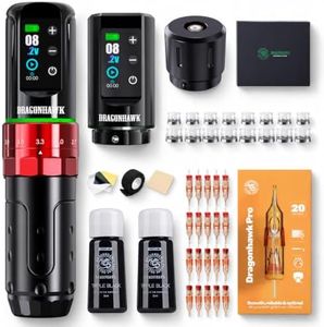 Dragonhawk L3 Complete Tattoo Gun Kit Cordless Cord Pen Machine 7 Strokes Length 2 Batteries Power Supply Mcore Motor Tattoo Needles Cartridges for Pro Artists
