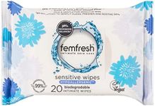 Femfresh Sensitive Wipes - Biodegradable Wipes - With Lactic acid, Aloe Vera & Calendula Extracts - 0% fragrance, 0% colour - 99% Natural Origin Ingredients - Hypoallergenic & Soap Free - Vegan Friendly - Sensitive Wipes - Pack of 20