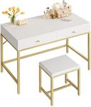 SUPERJARE 35.4" White and Gold Desk with 2 Drawers, Modern Makeup Vanity Desk with Padded Stool, Small Computer Desk Home Office Desk for Writing Study Bedroom