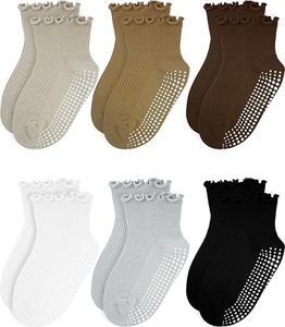 Sooneeya Toddler Frilly Ruffle Socks Baby Girls No-Slip Socks with Grips | Soft, Cotton, Cute, 0-12M 6 Pairs White Black Grey Khaki Deep Khaki Brown