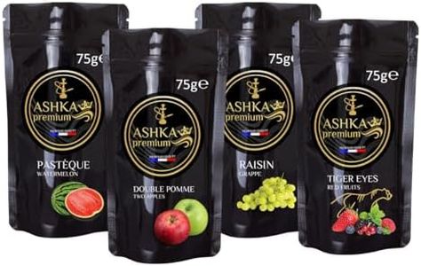 Ashka Premium Sapore narghilè Pack Discovery 300g - 4 sapori di 75g - gusto shisha uva, anguria, doppia mela, Tiger Eyes - aroma e fum.o intensi senza ta-ba.cco senza ni-co.tina