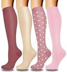 DHSO 4 Pairs Graduated Compression Socks for Men and Women(15-20mmHg), Compression Stocking for Swelling, Running, Hiking, Travel, Nursing(4 Pack Pink/Nude/Dot, Small-Medium)