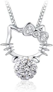 Cute Real 925 Sterling Silver Cat Pendant Necklace Rhinestone Ball Pendant