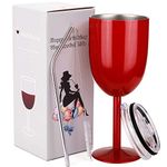 AMZUShome Stainless Steel Wine Glass - Double Walled Vacuum Insulated Unbreakable Wine Tumbler Cup With Lid And Straw (Red) 10 OZ