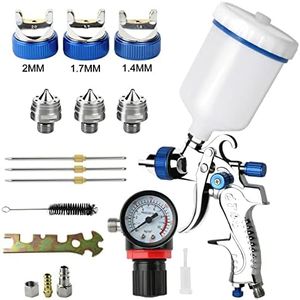 Awsuc HVLP Lackierpistole Spritzpistole 3 Düsen 1,4mm 1,7mm 2,0mm Profi Farbsprühsystem Spraypistole mit 600 ml Plastikbecher Mit Luftdruckregler
