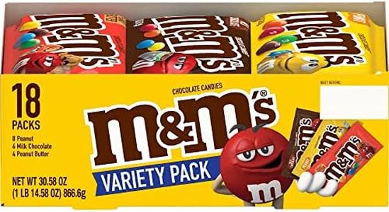 M&M'S Peanut, Peanut Butter & Milk Chocolate Variety Pack Full Size Milk Chocolate Candy Assortment, 30.58 oz 18 ct
